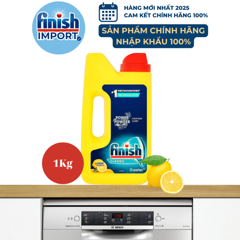 Hộp bột rửa chén Finish Classic 1Kg (Hương chanh – 100 lần dùng) – (Dành cho máy rửa chén 7-8-9-10-12-13-14-15 bộ).